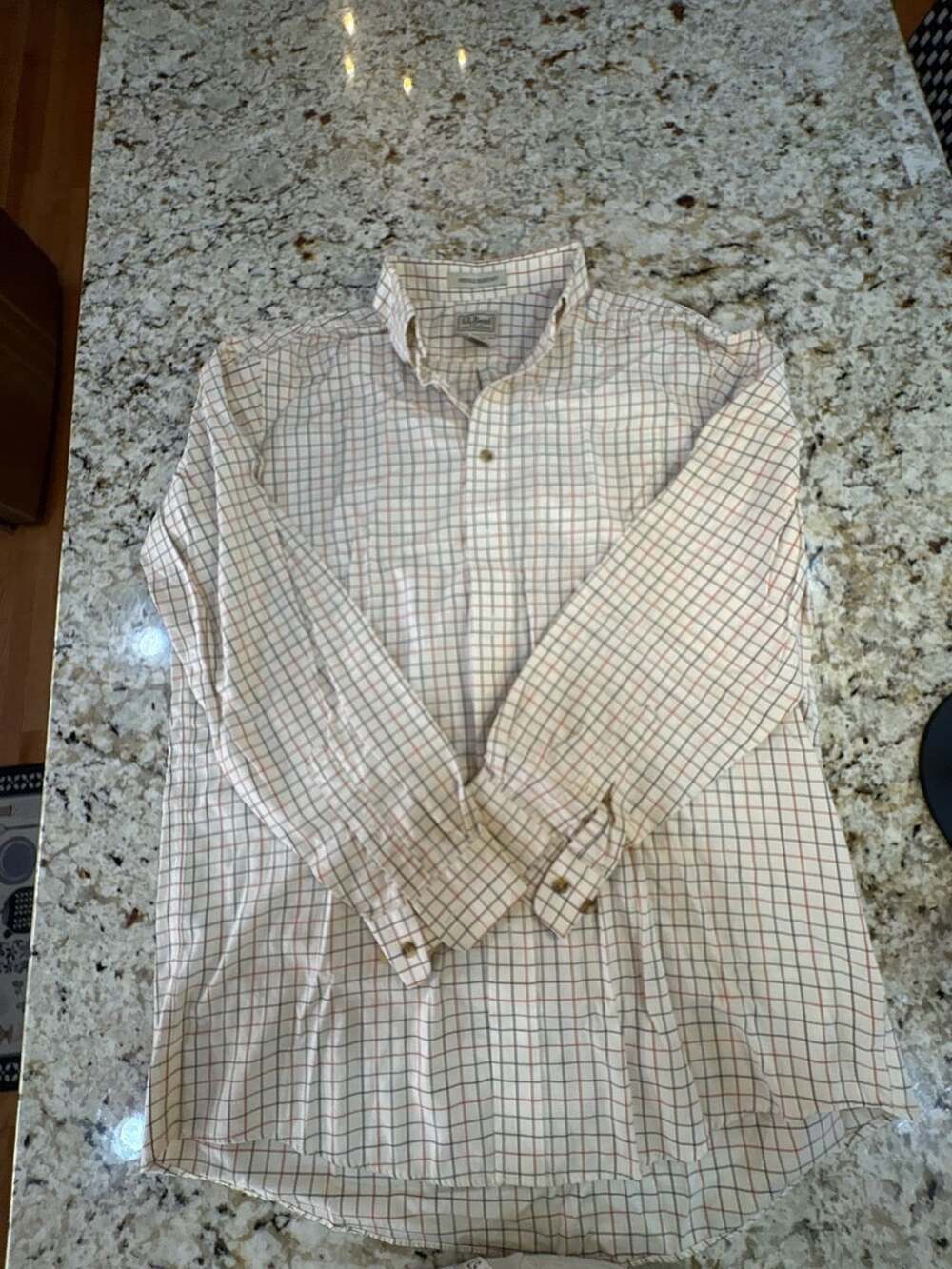 Ll Bean Wrinkle Resistant Plaid Shirt Size L-Tall Off White Cotton